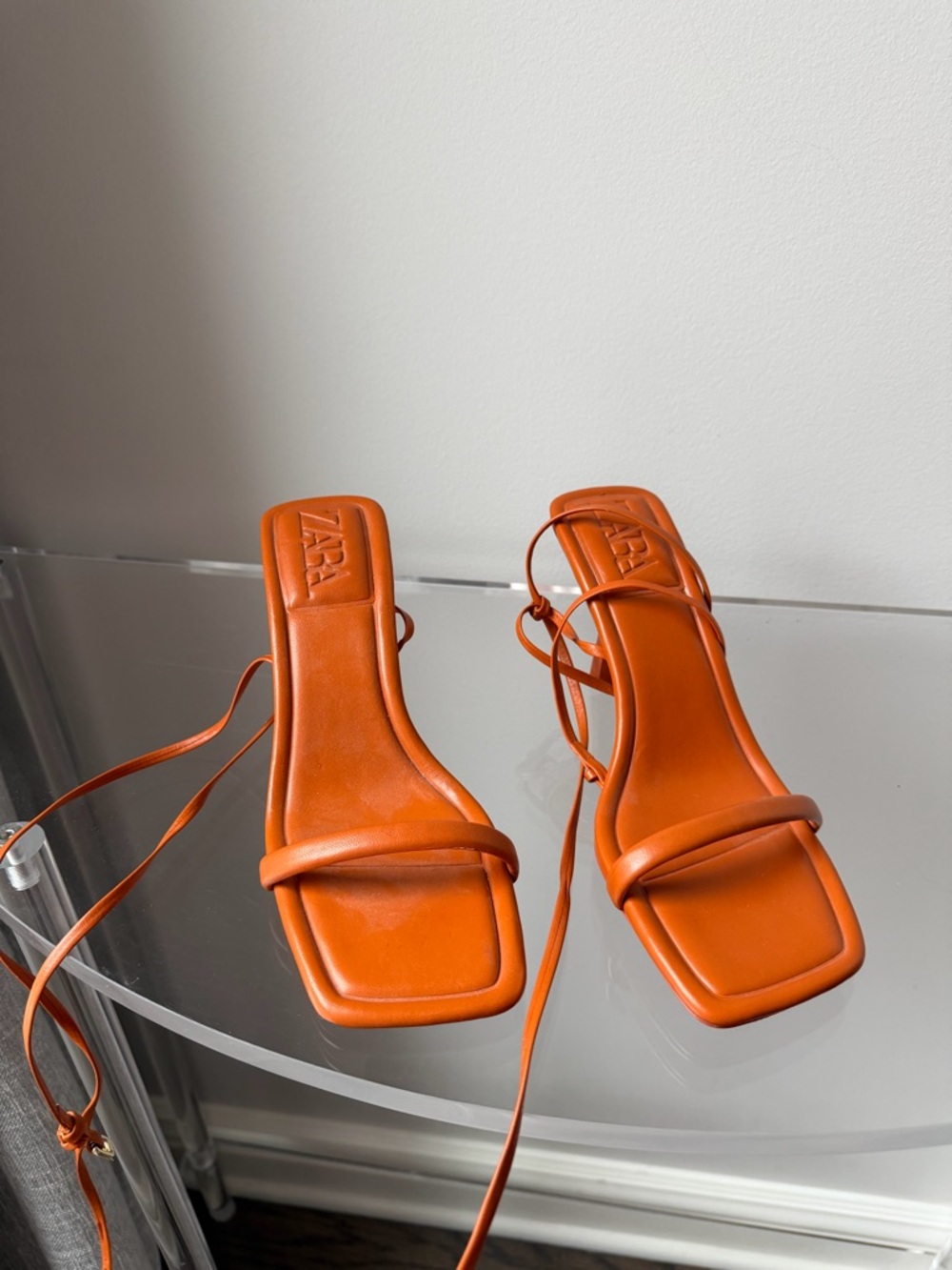 Zara Orange Square-Toe Lace-Up Heeled Sandals